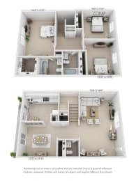 This is a 3D floor plan of a 1323 square foot 3 bedroom townhome at Lake of the Woods Apartments in Cincinnati, OH.