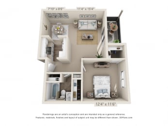 This is a 3D floor plan of a 578 square foot 1 bedroom apartment at Red BankReserve Apartments in Cincinnati, OH.
