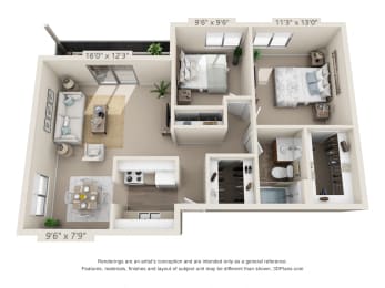 This is a 3D floor plan of a 773 square foot 2 bedroom apartment at Red BankReserve Apartments in Cincinnati, OH.