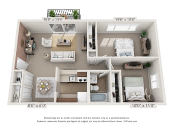 This is a 3D floor plan of a 833 square foot 1 bedroom Chestnut with balcony at Montana Valley Apartments in Cincinnati, OH.