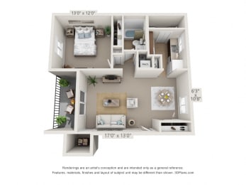This is a 3D floor plan of a 716 square foot 1 bedroom Cypress at Montana Valley Apartments in Cincinnati, OH.