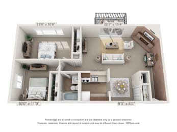 This is a 3D floor plan of a 925 square foot 1 bedroom Chestnut with balcony at Montana Valley Apartments in Cincinnati, OH.