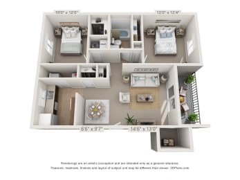 This is a 3D floor plan of a 851 square foot 2 bedroom Maple with patio at Montana Valley Apartments in Cincinnati, OH.