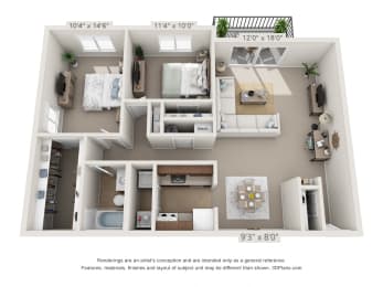 This is a 3D floor plan of a 1030 square foot 2 bedroom Oak with patio at Montana Valley Apartments in Cincinnati, OH.