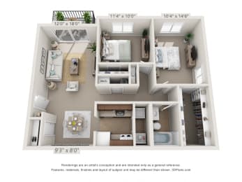 This is a 3D floor plan of a 940 square foot 2 bedroom Sycamore with balcony at Montana Valley Apartments in Cincinnati, OH.