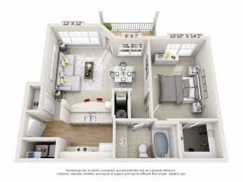 This is a 3D floor plan of a 758 square foot 1 bedroom, 1 bath Clipper at Nantucket Apartments in Loveland, OH.