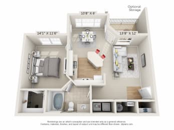 This is a 3D floor plan of a 758 square foot 1 bedroom, 1 bath Patriot at Nantucket Apartments in Loveland, OH.