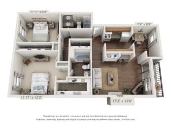 This is a 3D floor plan of a 970 square foot 2 bedroom apartment at Preston Park Apartments in Dallas, TX.