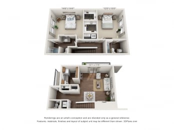 This is a 3D floor plan of a 1283 square foot 2 bedroom townhome at Preston Park Apartments in Dallas, TX.