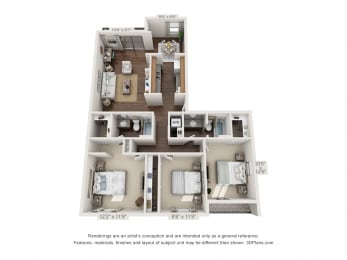 This is a 3D floor plan of a 1153 square foot 3 bedroom apartment at Preston Park Apartments in Dallas, TX.
