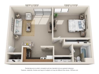 This is a 3D floor plan of a 549 square foot 1 bedroom, 1 bath apartment at Romaine Court Apartments in Cincinnati, OH.