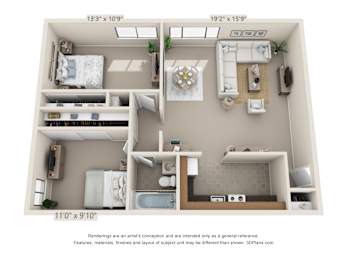 This is a 3D floor plan of a 755 square foot 1 bedroom, 1 bath apartment at Romaine Court Apartments in Cincinnati, OH.