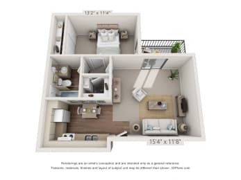 1 bed 1 bath floor plan A at The Biltmore, Dallas, TX, 75231