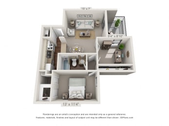 This is a 3D floor plan of a 752 square foot 1 bedroom with den apartment at The Biltmore Apartments in Dallas, TX.