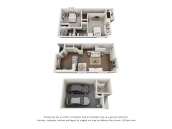 This is a 3D floor plan of a 1320 square foot 2 bedroom apartment at The Brownstones Townhome Apartments in Dallas, TX.