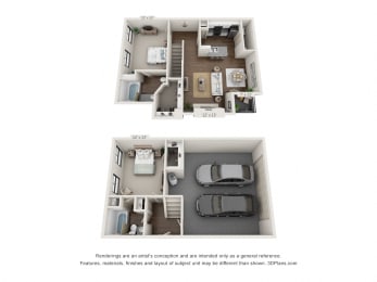 This is a 3D floor plan of a 1071 square foot 2 bedroom apartment at The Brownstones Townhome Apartments in Dallas, TX.