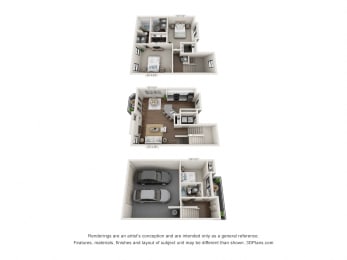 This is a 3D floor plan of a 1486 square foot 3 bedroom apartment at The Brownstones Townhome Apartments in Dallas, TX.
