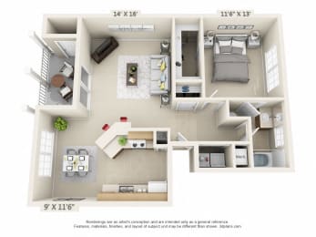 This is a 3D floor plan of a 852 square foot 1 bedroom Fairlawn at Trails of Saddlebrook Apartments in Florence, KY.