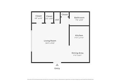 A floor plan of a house with a living room, kitchen, dining area, bathroom and three closets.