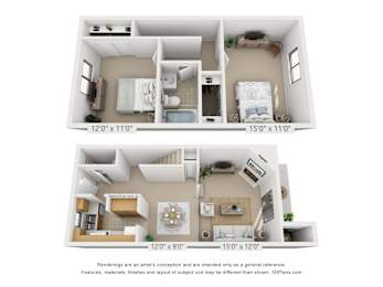 A 3D floor plan of both floors of a 2 bedroom 1 bath town home at Village East Apartments in Franklin, Oh.
