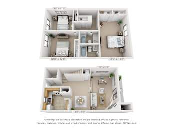 A 3D floor plan of both floors of a 3 bedroom, 2 bath town home at Village East Apartments in Franklin, Oh.