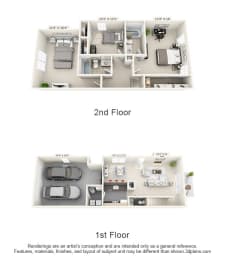 This is a 3D floor plan of a 1500 square foot 3 bedroom Bellbrook at Washington Park Apartments in Centerville, OH.