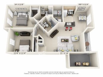 This is a 3D floor plan of a 1100 square foot 2 bedroom Eaton at Washington Park Apartments in Centerville, OH.