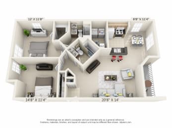 This is a 3D floor plan of a 1100 square foot 2 bedroom Kettering at Washington Park Apartments in Centerville, OH.