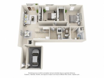 This is a 3D floor plan of a 1170 square foot 2 bedroom Freedom Balcony at Washington Place Apartments in Washington Township, OH