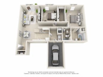 This is a 3D floor plan of a 1110 square foot 2 bedroom Freedom Patio at Washington Place Apartments in Washington Township, OH