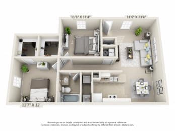 This is a 3D floor plan of a 890 square foot 2 bedroom Liberty at Washington Place Apartments in Washington Township, OH