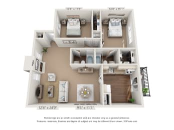 This is a 3D floor plan of a 1009 square foot 2 bedroom apartment at Woodbridge