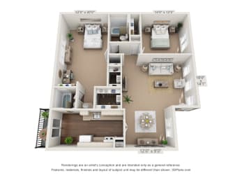 This is a 3D floor plan of a 1109 square foot 2 bedroom apartment at Woodbridge