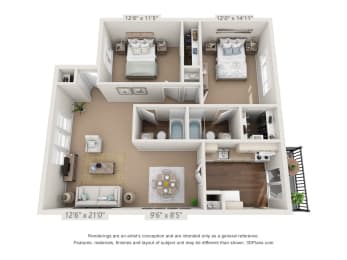 This is a 3D floor plan of a 946 square foot 2 bedroom apartment at Woodbridge