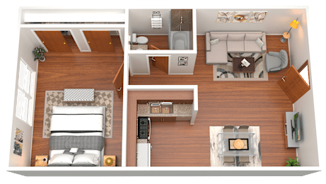 A 3D rendered image of a modern, well-furnished apartment.
