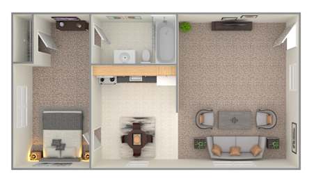 A 3D floor plan of a small apartment with a kitchen, living room, and bathroom.