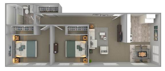 A floor plan of a house with a kitchen, living room, and two bedrooms.