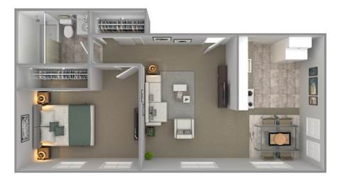 A 3D rendered image of a modern kitchen and living room.