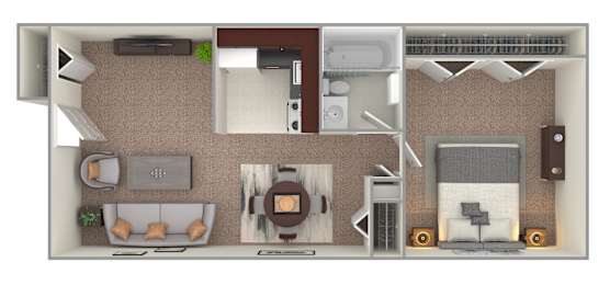A floor plan of a living space with a kitchen, dining area, and bedrooms.