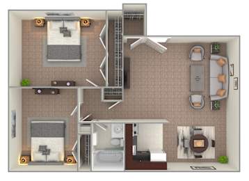 A 3D floor plan of a small apartment with a kitchen, living room, and bedroom.