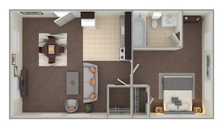 A top-down view of a small apartment with a kitchen, living room, and bathroom.