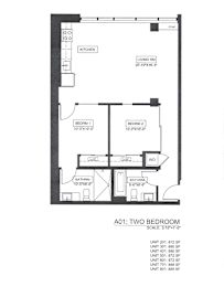 A black and white drawing of a two bedroom apartment.