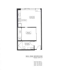 A floor plan of a one bedroom apartment with a kitchen and bathroom.