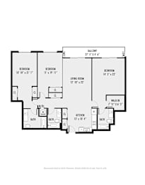 A black and white image of a floor plan for a home with a balcony, three bedrooms, a living room, a kitchen, and two bathrooms.