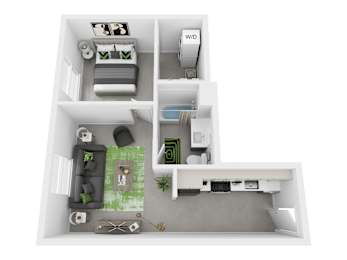 A floor plan of a small apartment with a bedroom, living room, and kitchen.