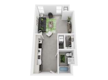 A floor plan of a small apartment with a kitchen, living room, and bathroom.