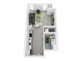 A top down view of a small apartment with a kitchen, living room, and bathroom.
