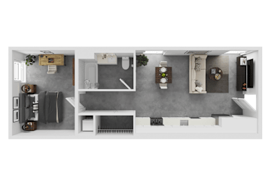 A top-down view of a small apartment with a kitchen, living room, and bathroom.