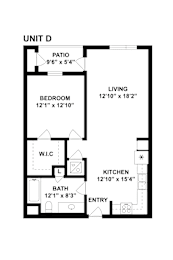 A floor plan of a unit with a bedroom, bathroom, kitchen, living room and a patio.