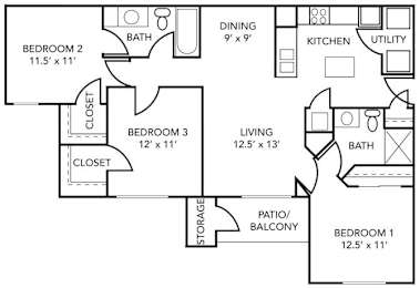 3 Bedroom Floor Plan at 92West, West Des Moines, IA 50266